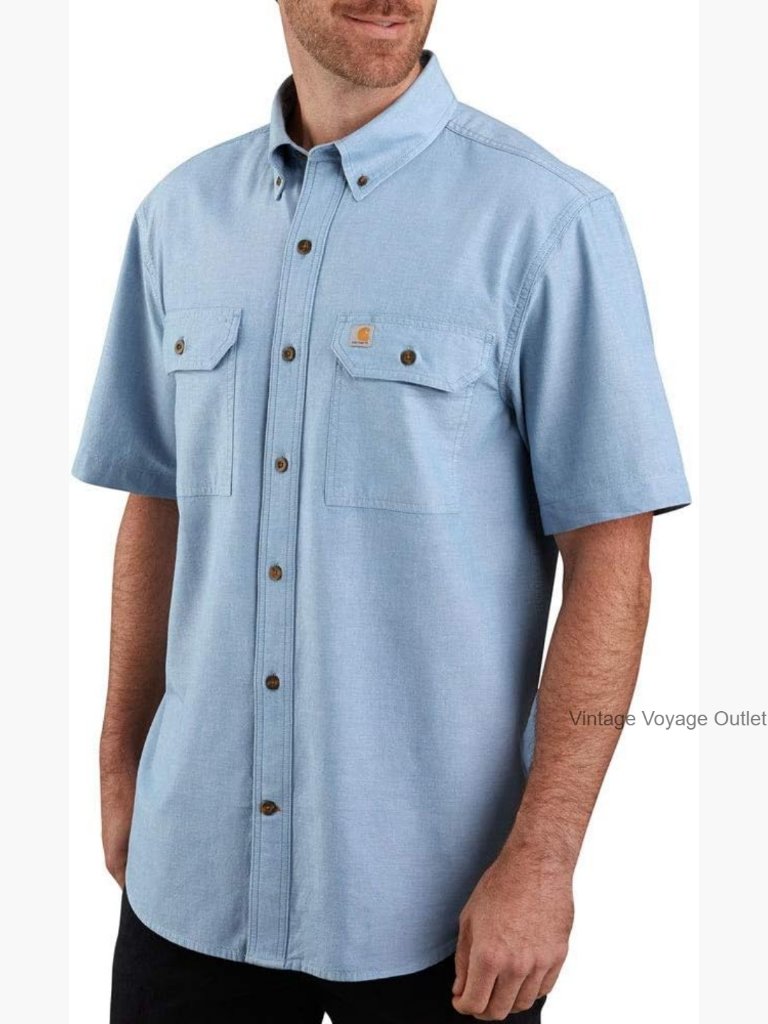 Loose Fit Midweight Short Sleeve Chambray Work Shirt, Button Down, Cotton